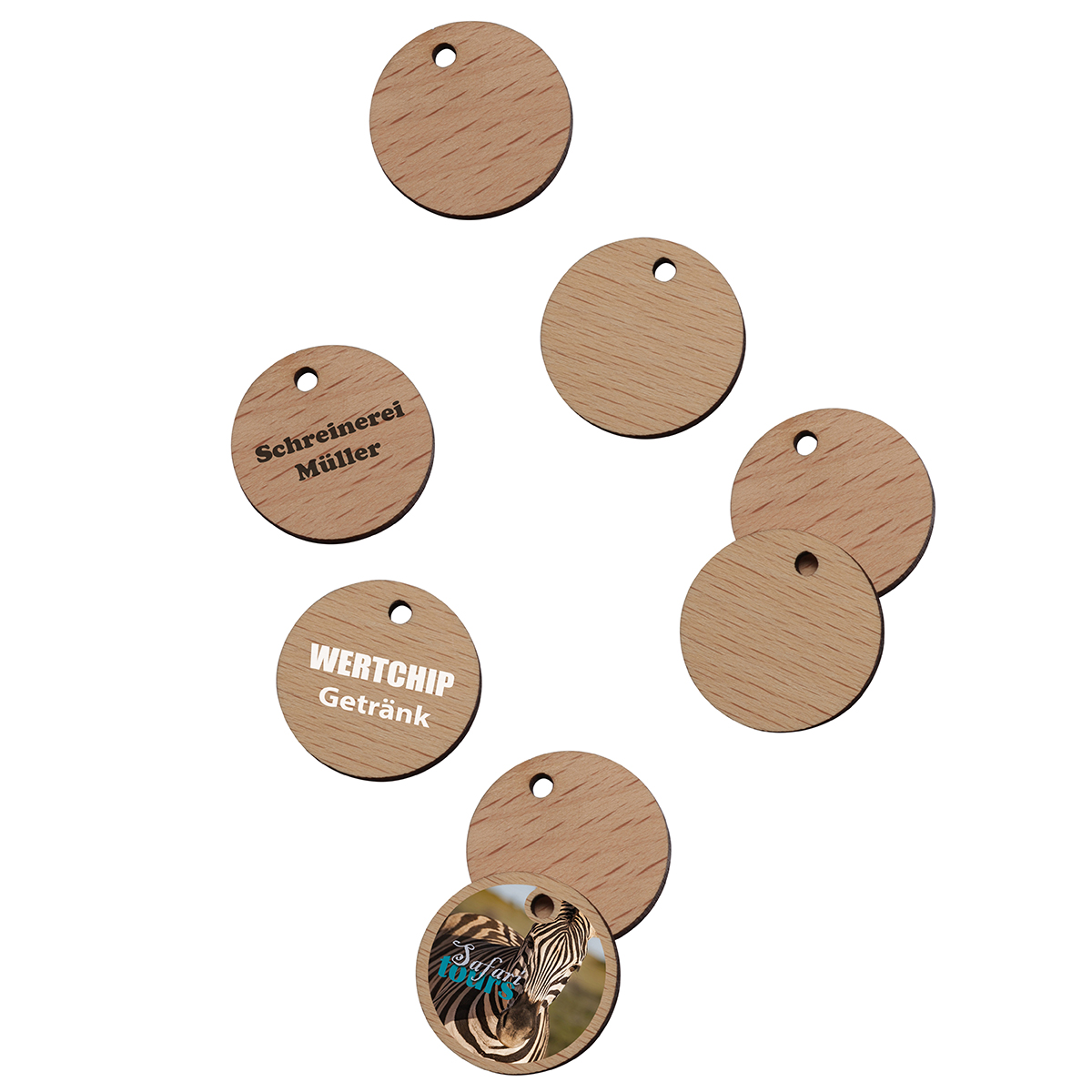 1€-Chip Holz als Werbeartikel mit Logo bedrucken