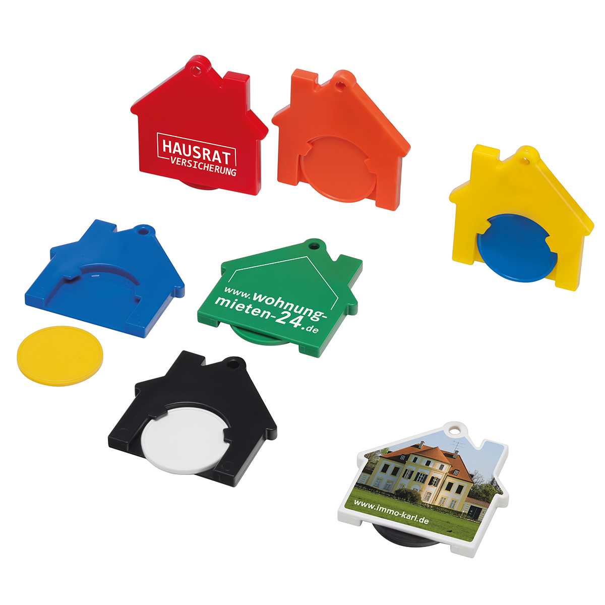 Chiphalter mit 1€-Chip "Haus" als Werbeartikel mit Logo bedrucken