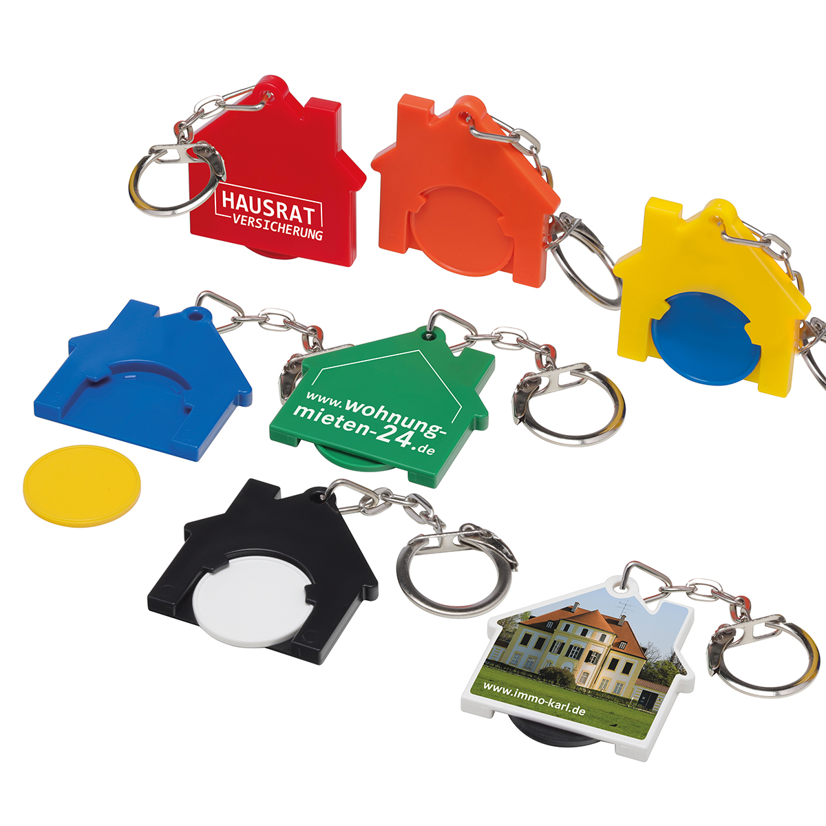 Chiphalter mit 1€-Chip "Haus" als Werbeartikel mit Logo bedrucken
