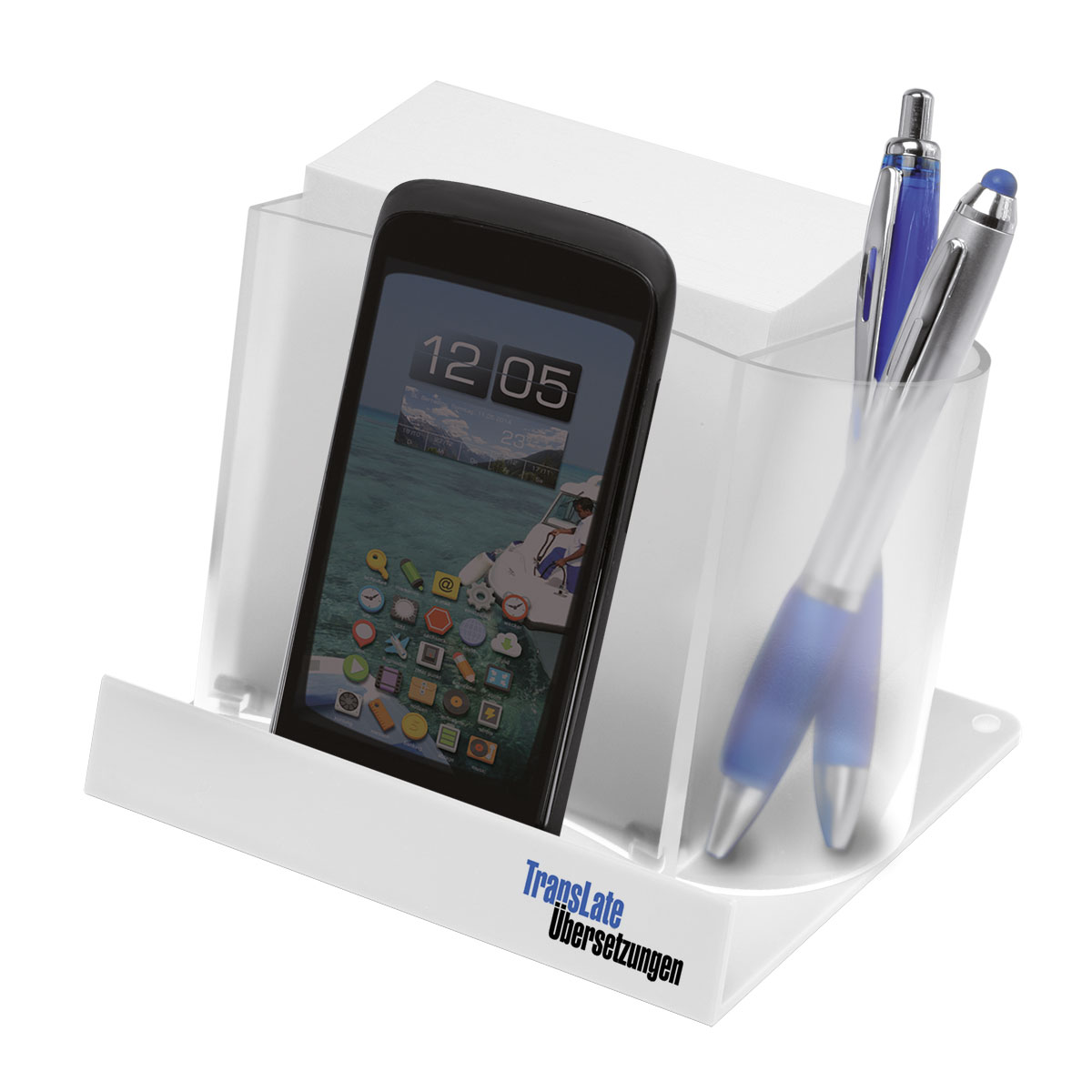 Smartphone-/Tabletständer mit Zettelbox und Köcher als Werbeartikel mit Logo bedrucken