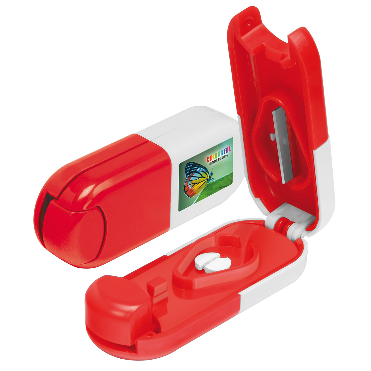 Pillendose Tablettenform als Werbeartikel mit Logo bedrucken