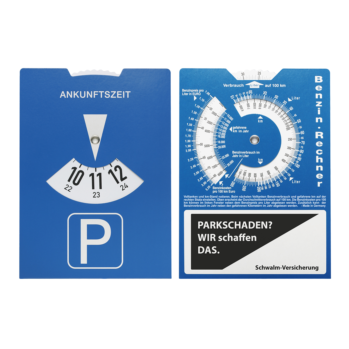 Kartonparkscheibe mit Benzinrechner als Werbeartikel mit Logo bedrucken