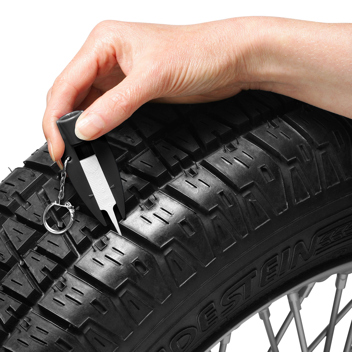 Reifenprofiltiefenmesser mit Ventilkappendreher als Werbeartikel mit Logo bedrucken
