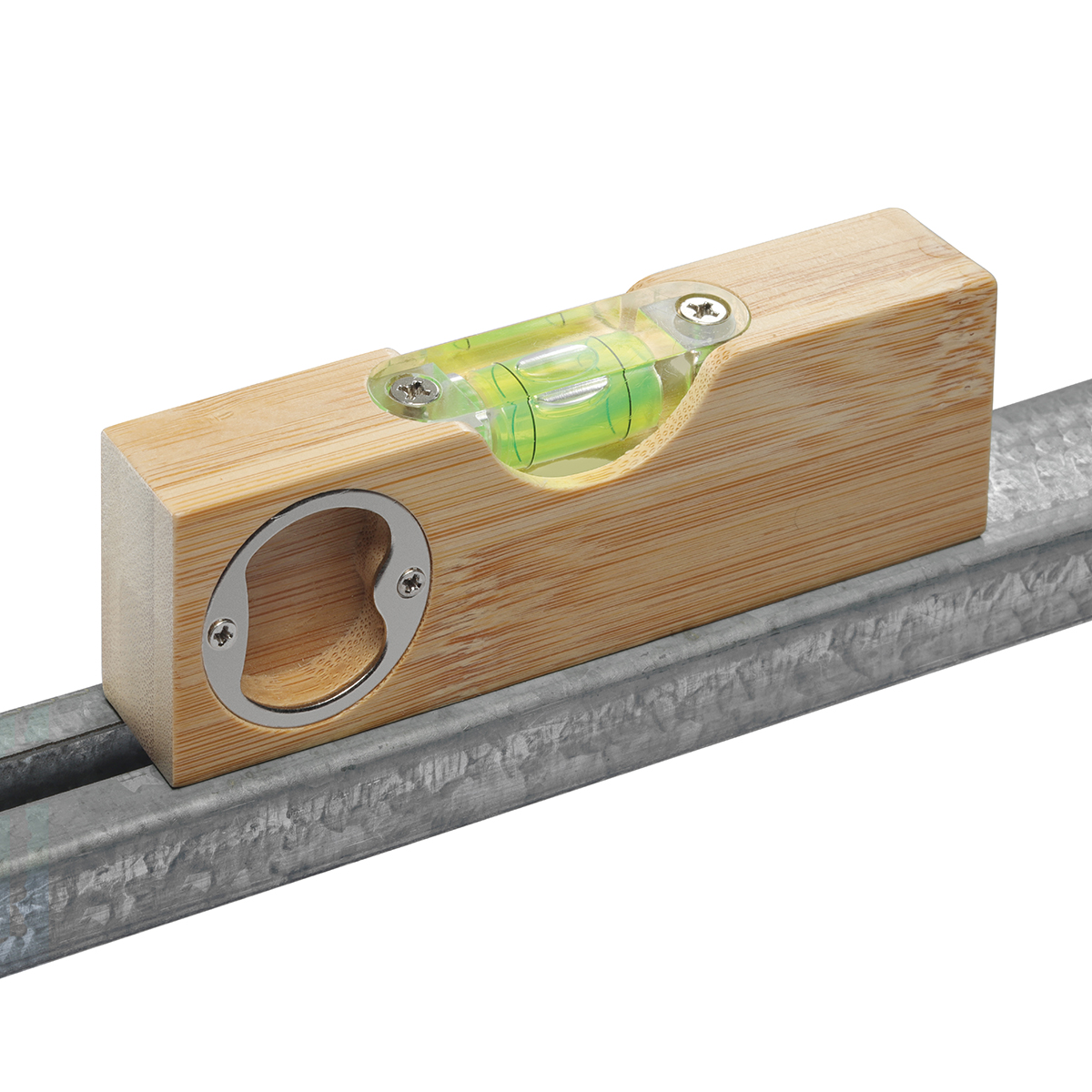 Wasserwaage Bambus mit Flaschenöffner, als Werbeartikel mit Logo bedrucken