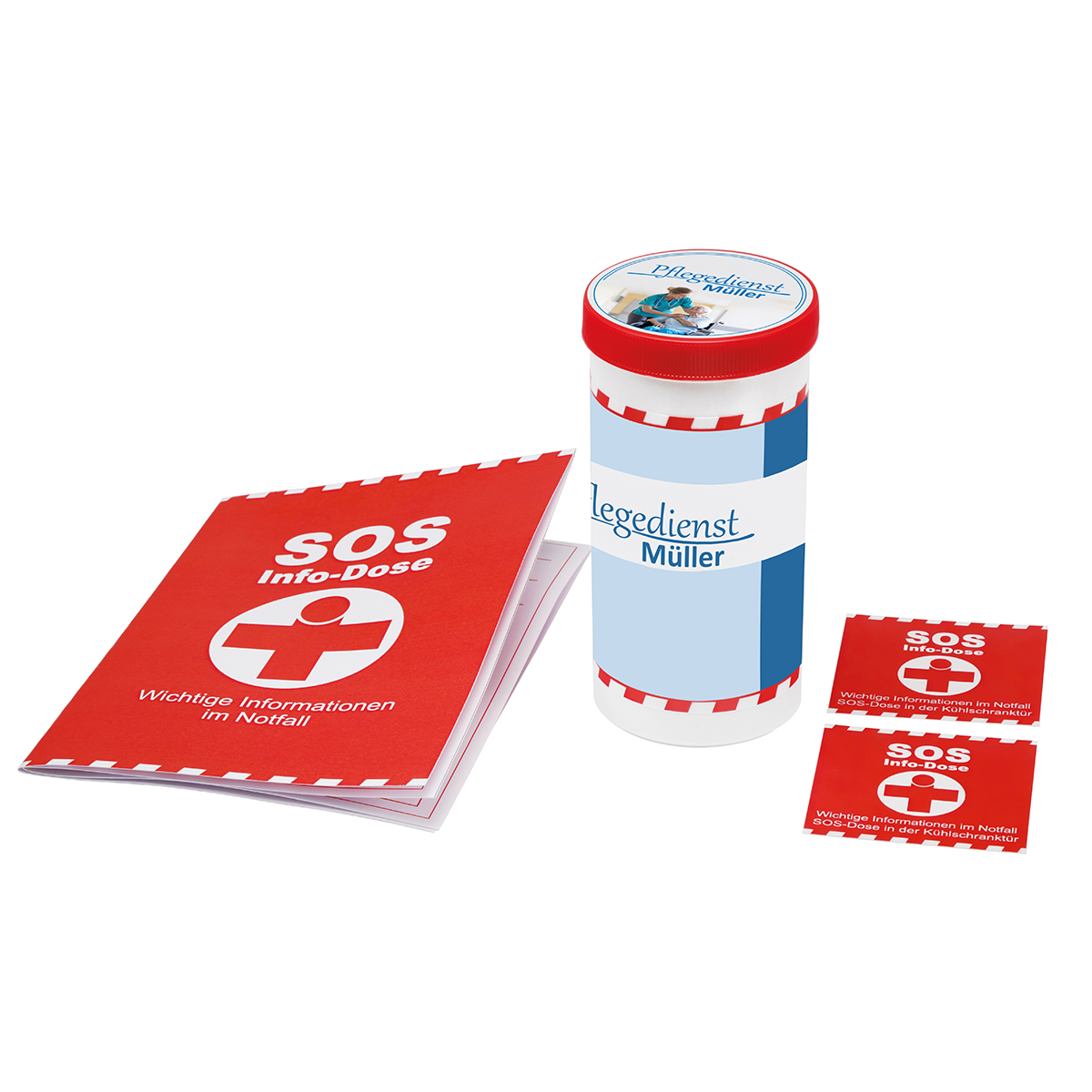 SOS-Info-Dose als Werbeartikel mit Logo bedrucken
